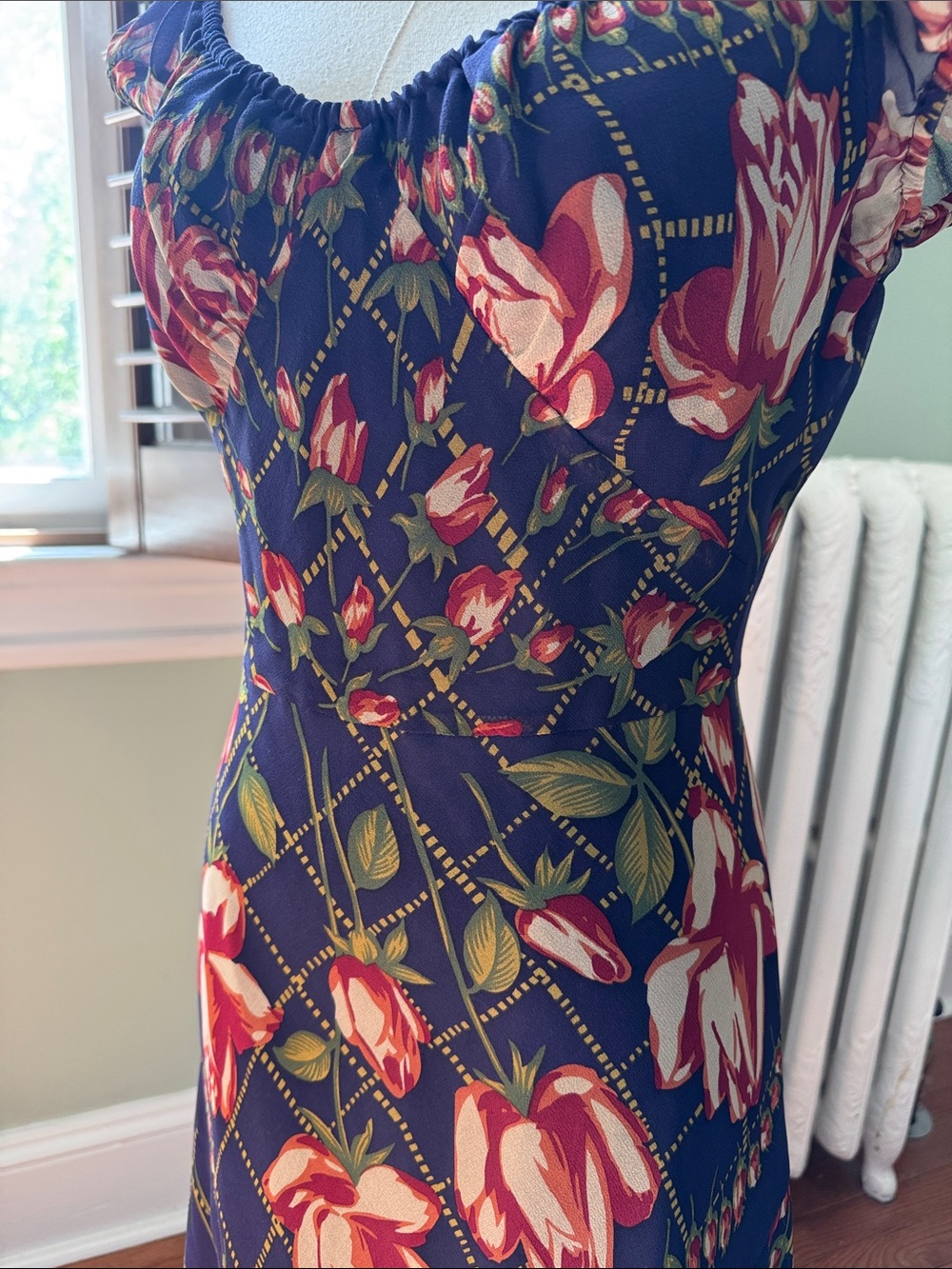 Anna Sui silk Floral Midi Dress w/ off the shoulder sleeves - Picture 11 of 15
